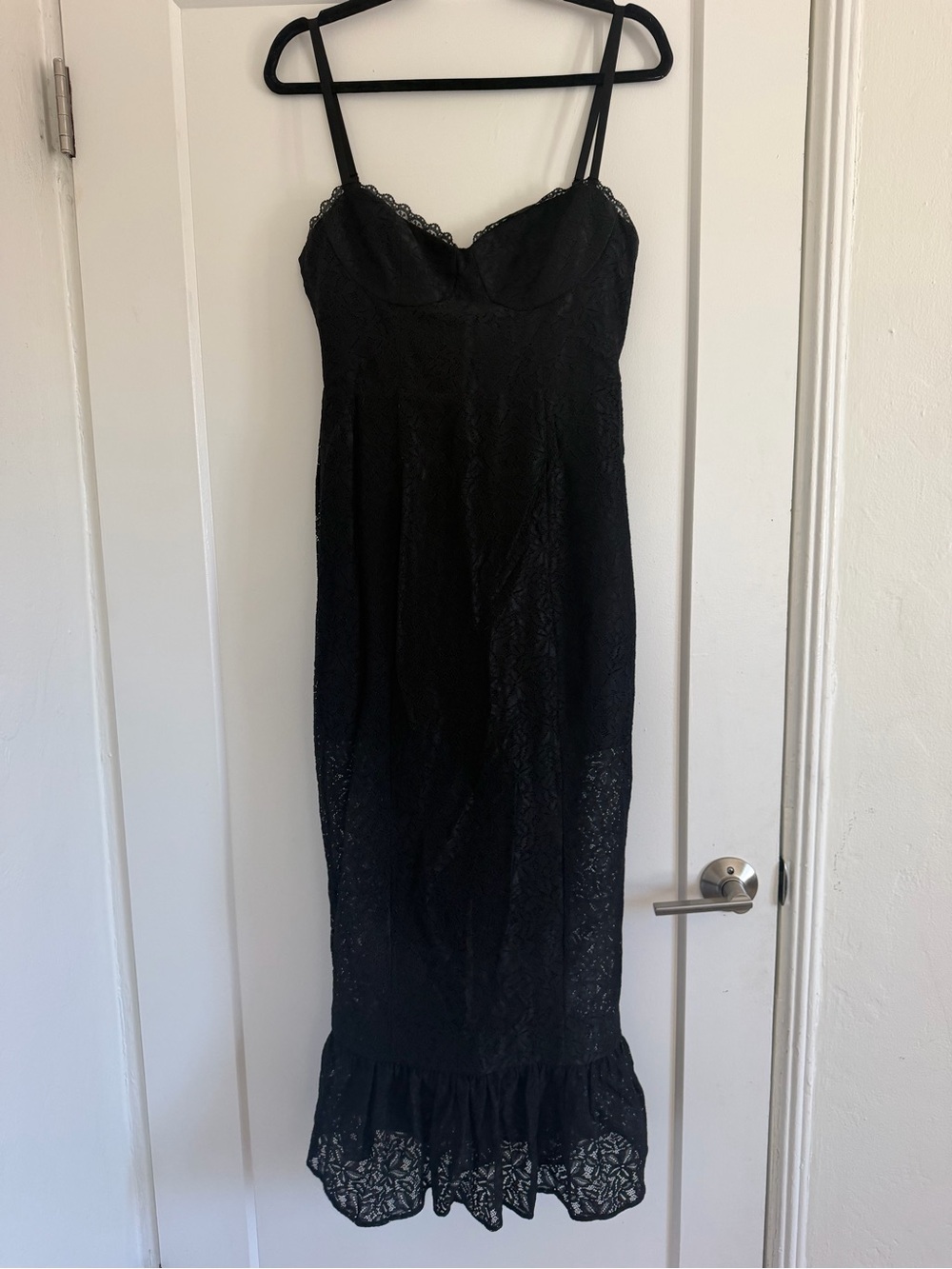 Reformation Black Lace Body Con Dress with Ruffle Detail